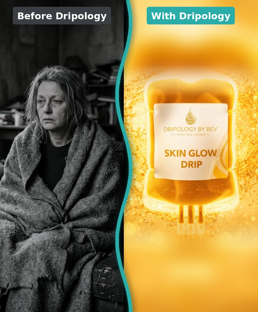 Dripology by Bev Dull, tired skin → Radiant, glowing skin